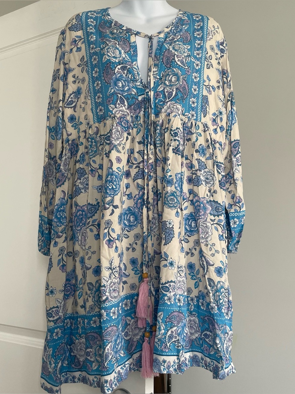 Boho Chic Soft Cozy Cream Dress with Blue and Lavender Floral Print
